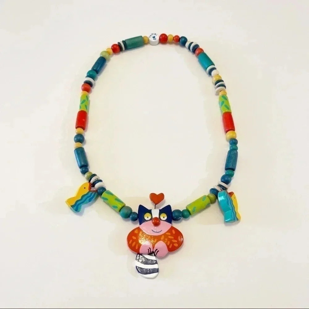 Vintage Signed Tatiri Fashion Hand Crafted Wooden Cat Tail Dangle Necklace RARE